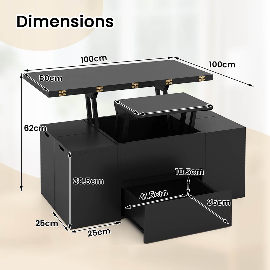 Costway Lift Top Coffee Table w/4 Storage Stool 3 in 1 Expandable Center Table Cocktail Table Dining Table Black