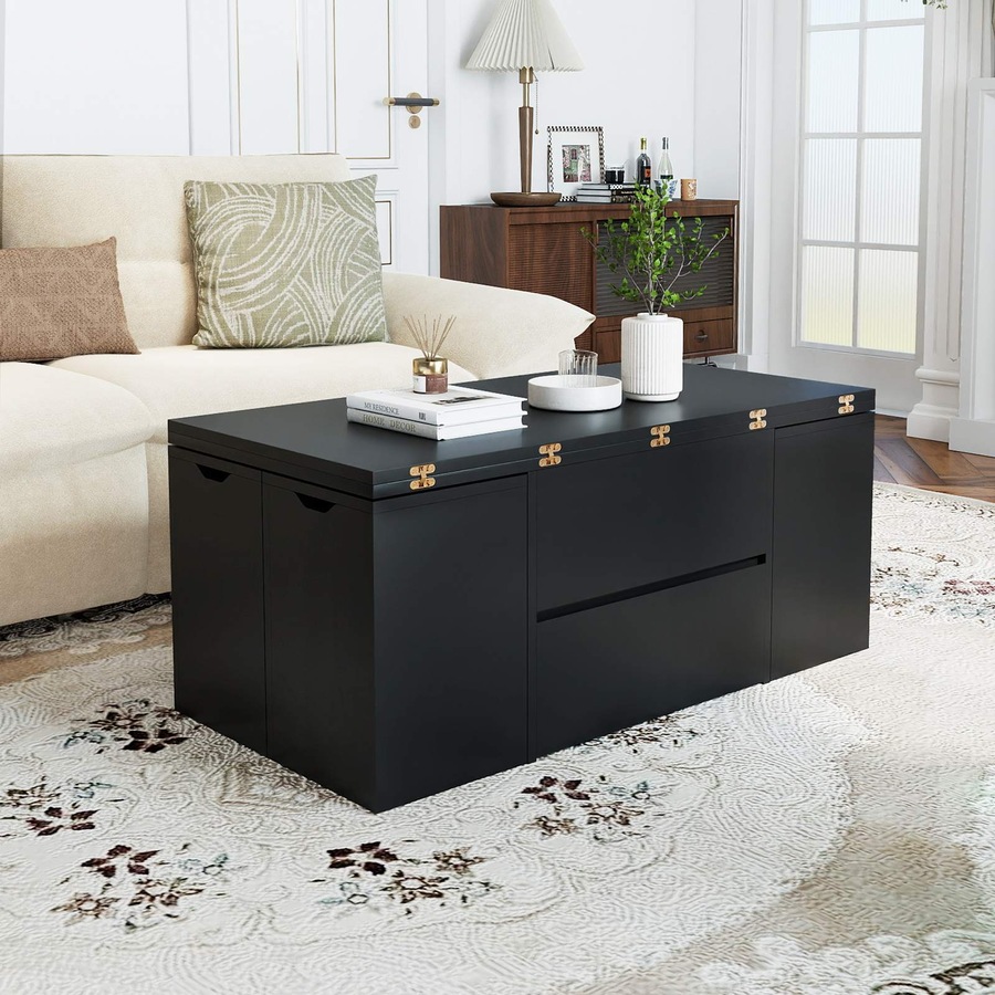 Costway Lift Top Coffee Table w/4 Storage Stool 3 in 1 Expandable Center Table Cocktail Table Dining Table Black