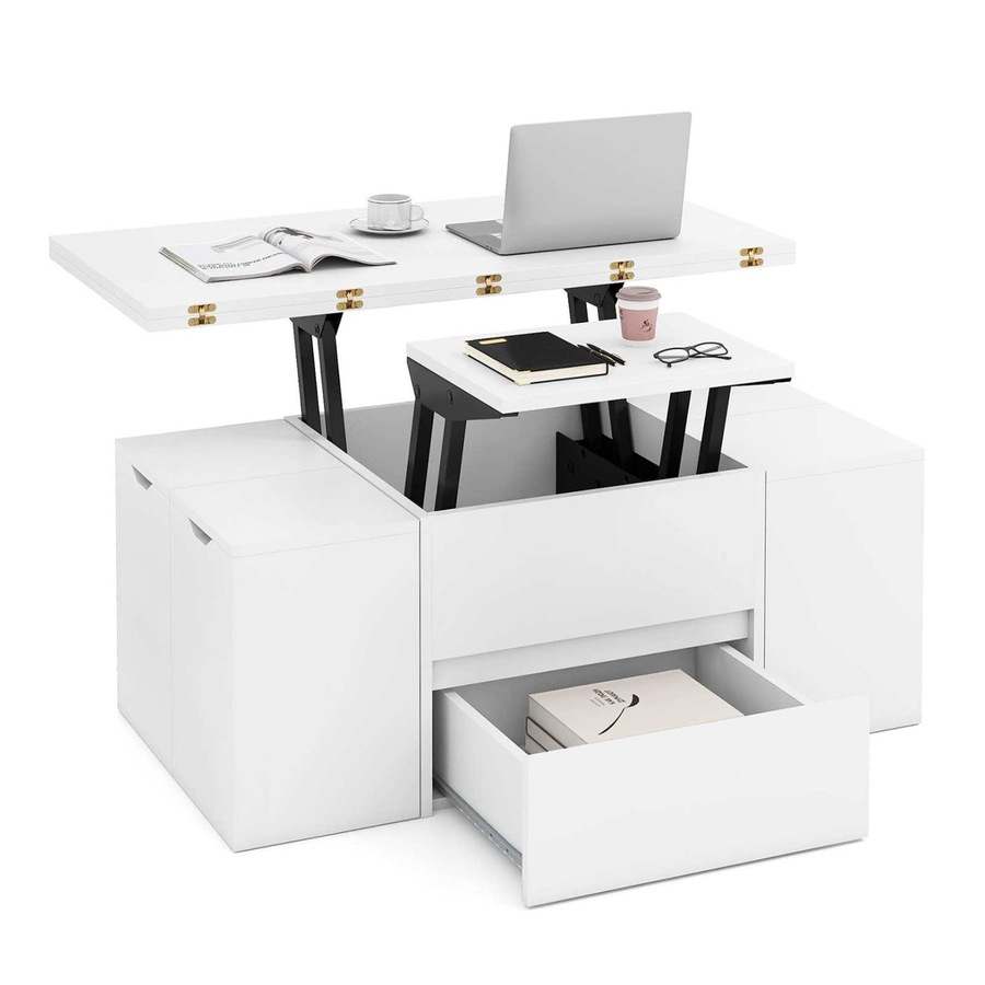 Costway Lift Top Coffee Table w/4 Storage Stools 3-in-1 Expandable Center Table Rectangular Cocktail Table Dining White