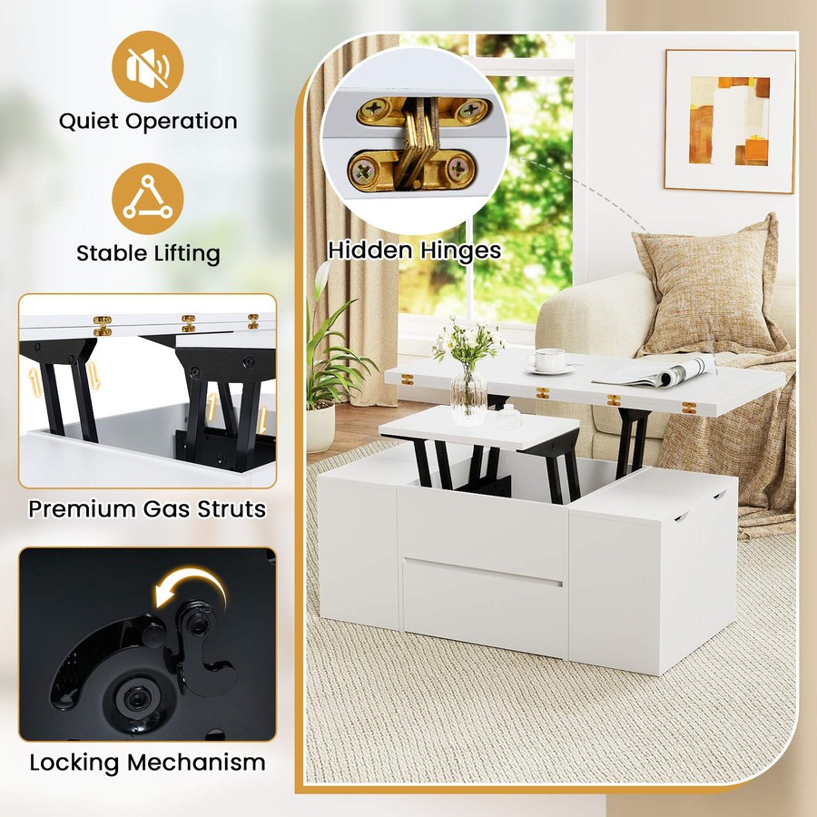 Costway Lift Top Coffee Table w/4 Storage Stools 3-in-1 Expandable Center Table Rectangular Cocktail Table Dining White