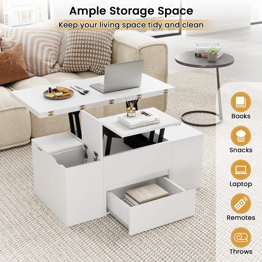 Costway Lift Top Coffee Table w/4 Storage Stools 3-in-1 Expandable Center Table Rectangular Cocktail Table Dining White