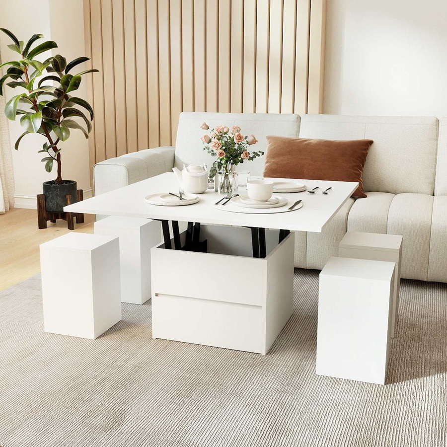 Costway Lift Top Coffee Table w/4 Storage Stools 3-in-1 Expandable Center Table Rectangular Cocktail Table Dining White