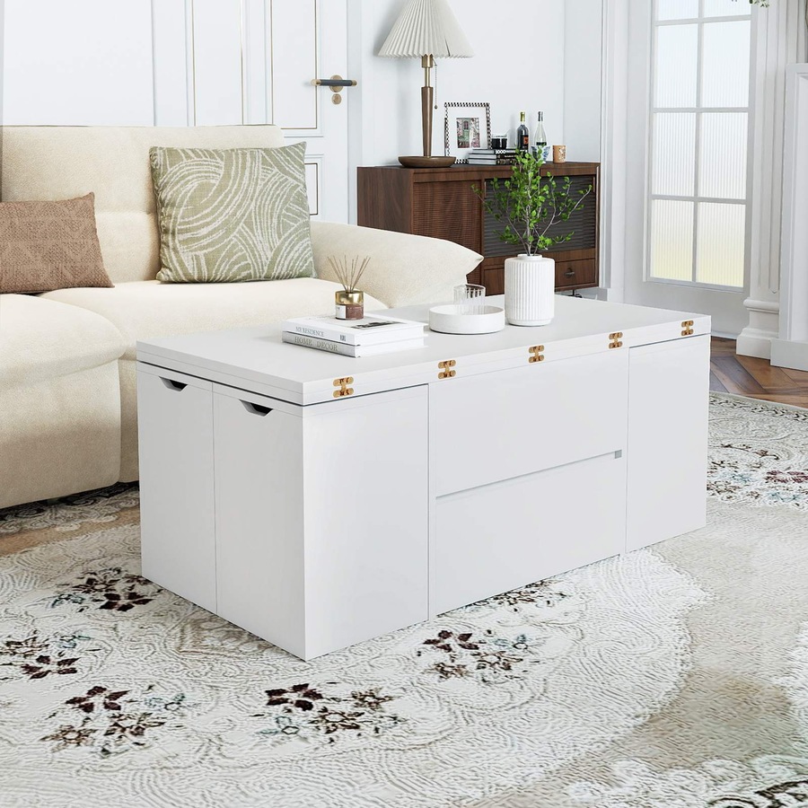 Costway Lift Top Coffee Table w/4 Storage Stools 3-in-1 Expandable Center Table Rectangular Cocktail Table Dining White