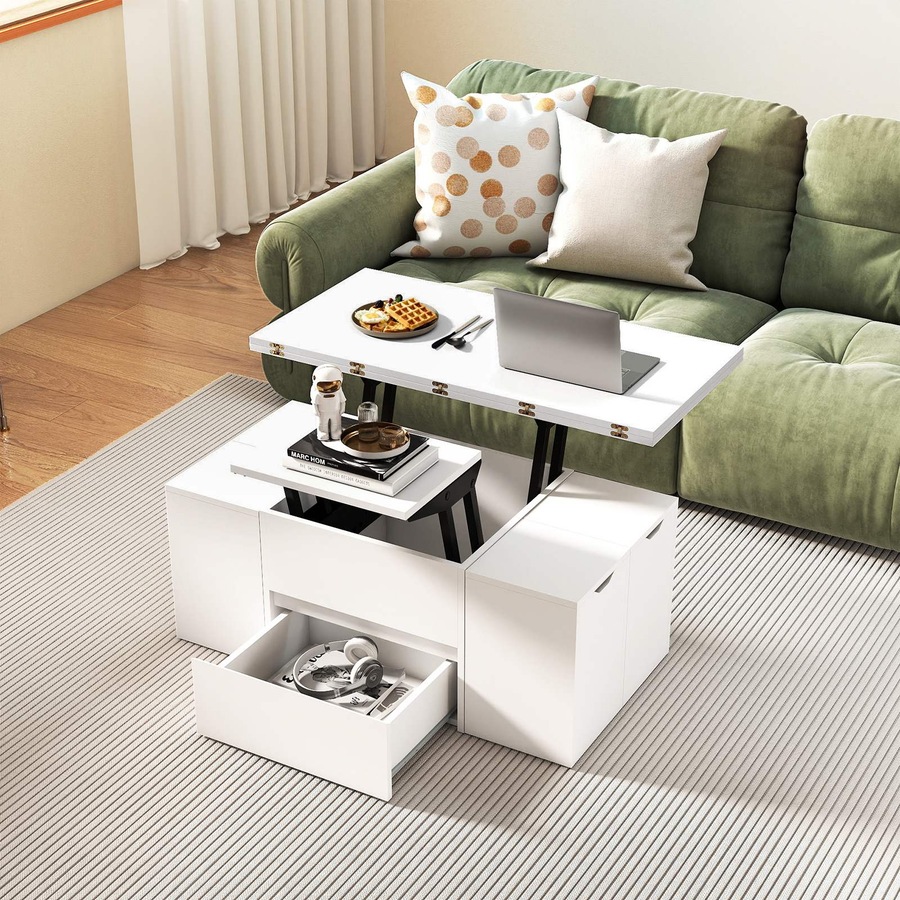 Costway Lift Top Coffee Table w/4 Storage Stools 3-in-1 Expandable Center Table Rectangular Cocktail Table Dining White