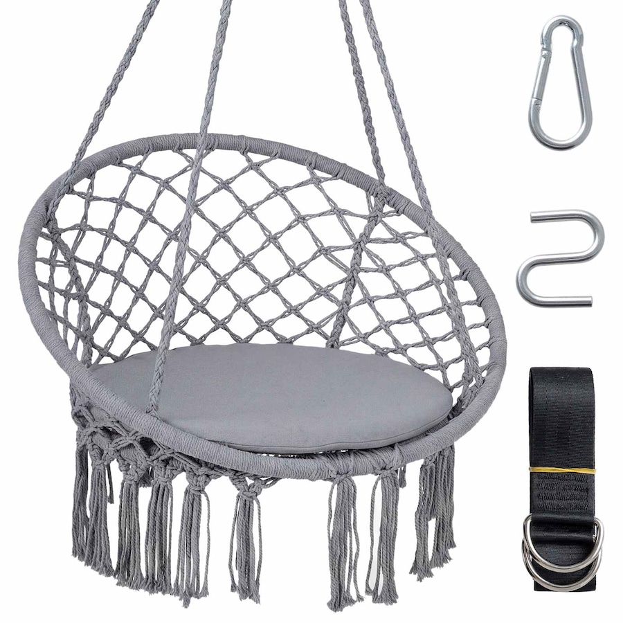 Costway Macrame Hammock Chair Boho Rope Hanging Swing Chair w/Seat Cushion Indoor Outdoor Garden Camping Travel Grey