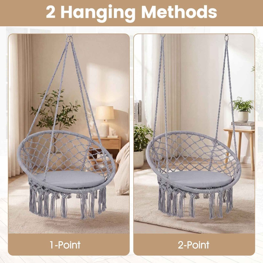 Costway Macrame Hammock Chair Boho Rope Hanging Swing Chair w/Seat Cushion Indoor Outdoor Garden Camping Travel Grey