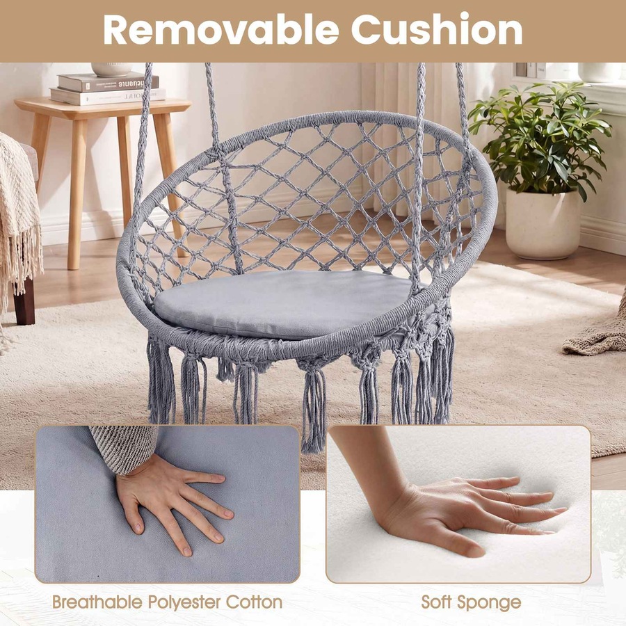 Costway Macrame Hammock Chair Boho Rope Hanging Swing Chair w/Seat Cushion Indoor Outdoor Garden Camping Travel Grey