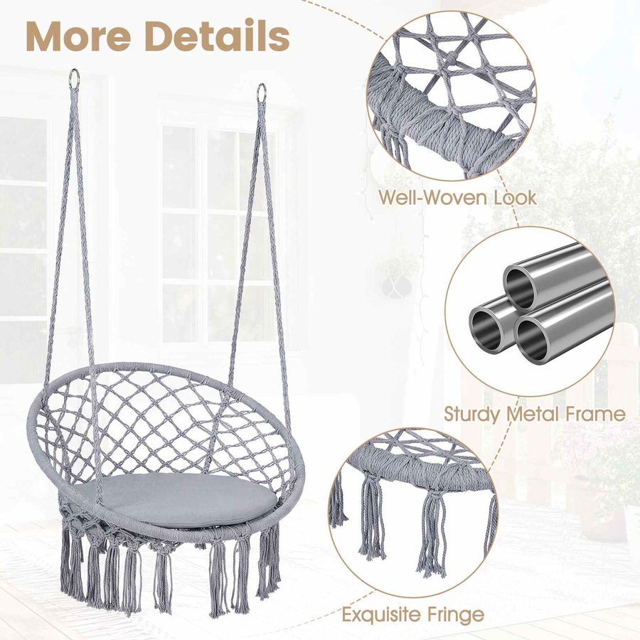 Costway Macrame Hammock Chair Boho Rope Hanging Swing Chair w/Seat Cushion Indoor Outdoor Garden Camping Travel Grey