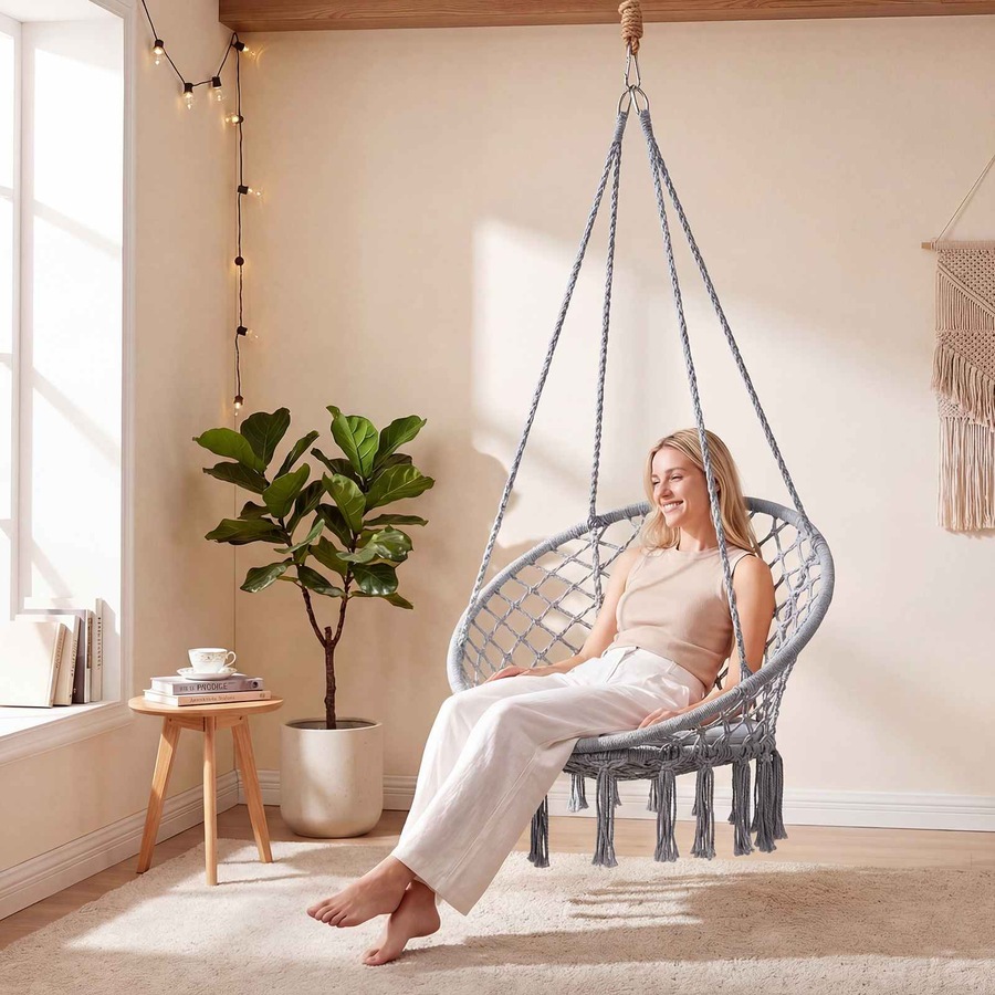 Costway Macrame Hammock Chair Boho Rope Hanging Swing Chair w/Seat Cushion Indoor Outdoor Garden Camping Travel Grey