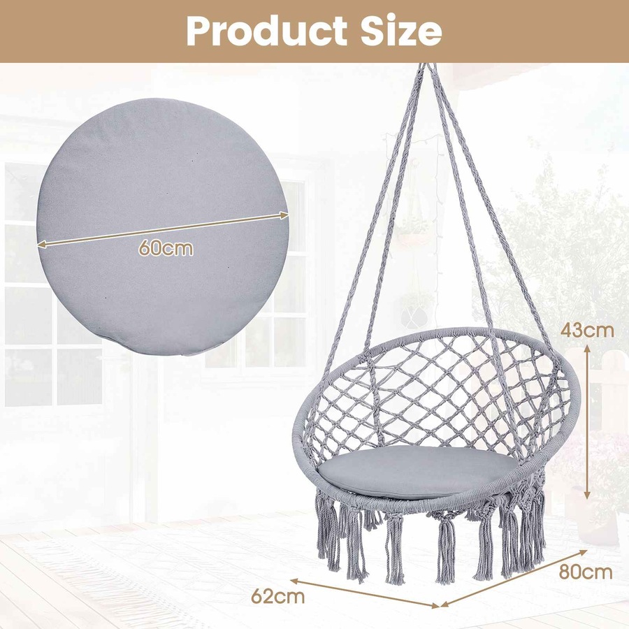 Costway Macrame Hammock Chair Boho Rope Hanging Swing Chair w/Seat Cushion Indoor Outdoor Garden Camping Travel Grey