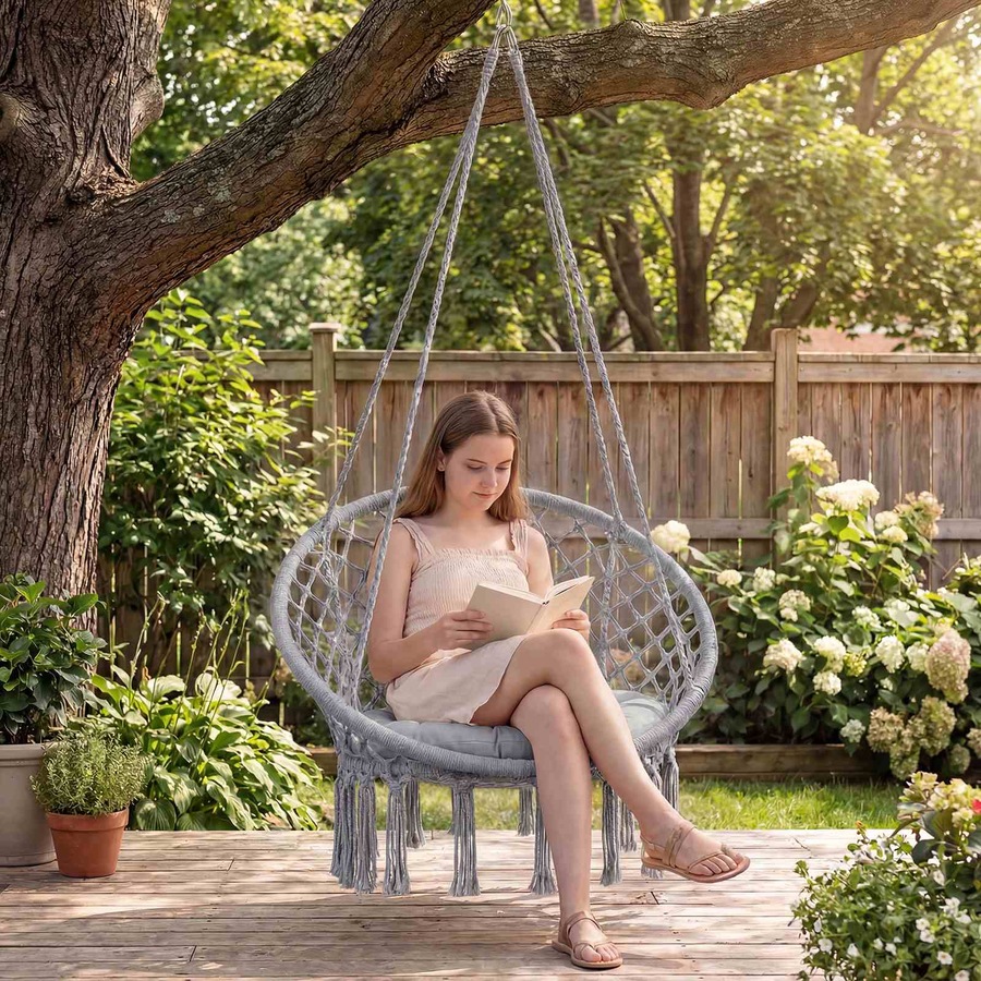 Costway Macrame Hammock Chair Boho Rope Hanging Swing Chair w/Seat Cushion Indoor Outdoor Garden Camping Travel Grey