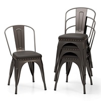 Costway Metal Dining Chair Set of 4 Stackable Kitchen Chairs w/Removable Backs & PU Leather Cushioned Seat Gun Grey