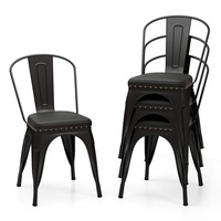 Costway Metal Dining Chair Set of 4 Stackable Kitchen Chairs w/Removable Backs & PU Leather Cushioned Seat Black