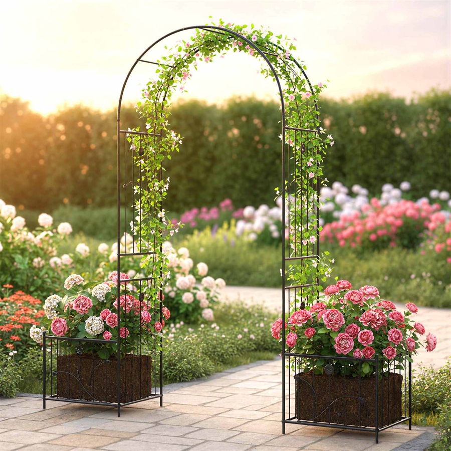 Buy Costway Metal Garden Arch Garden Arbor w/Planter Boxes Heavy-Duty ...