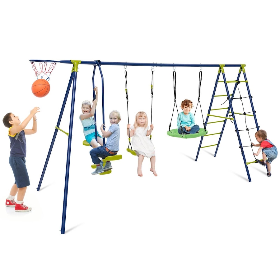 Costway Metal Swing Sets Playset Climbing Net Basketball Hoop Cozy Saucer Swing Green & Blue