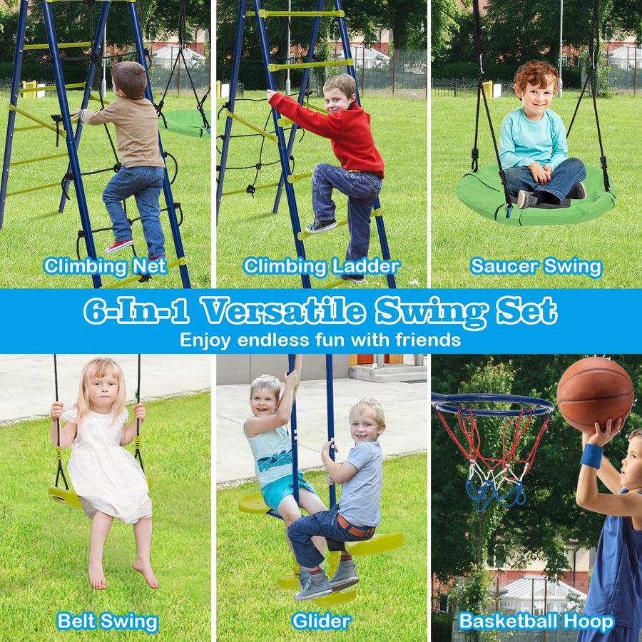 Costway Metal Swing Sets Playset Climbing Net Basketball Hoop Cozy Saucer Swing Green & Blue
