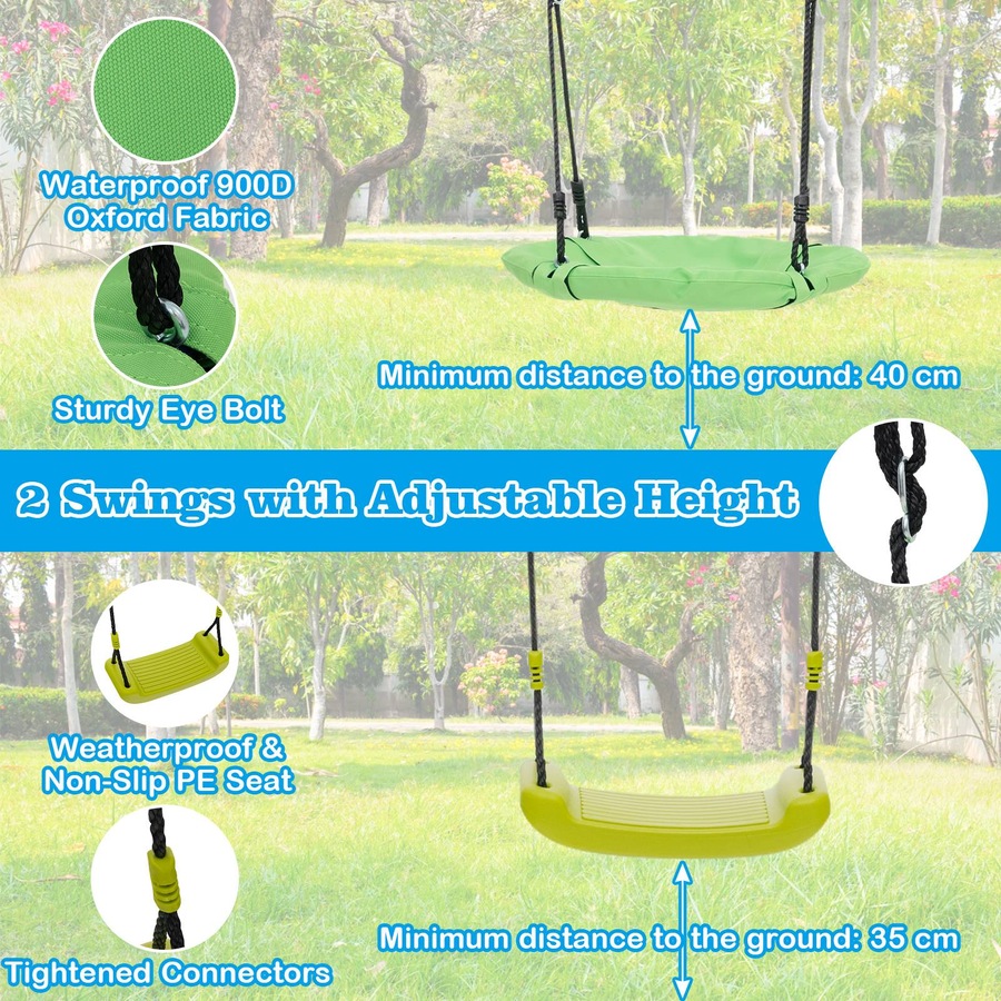 Costway Metal Swing Sets Playset Climbing Net Basketball Hoop Cozy Saucer Swing Green & Blue