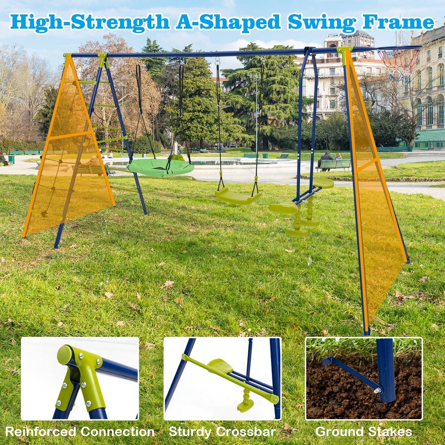 Costway Metal Swing Sets Playset Climbing Net Basketball Hoop Cozy Saucer Swing Green & Blue