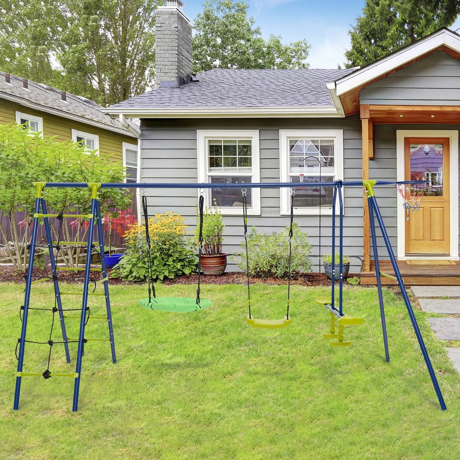 Costway Metal Swing Sets Playset Climbing Net Basketball Hoop Cozy Saucer Swing Green & Blue