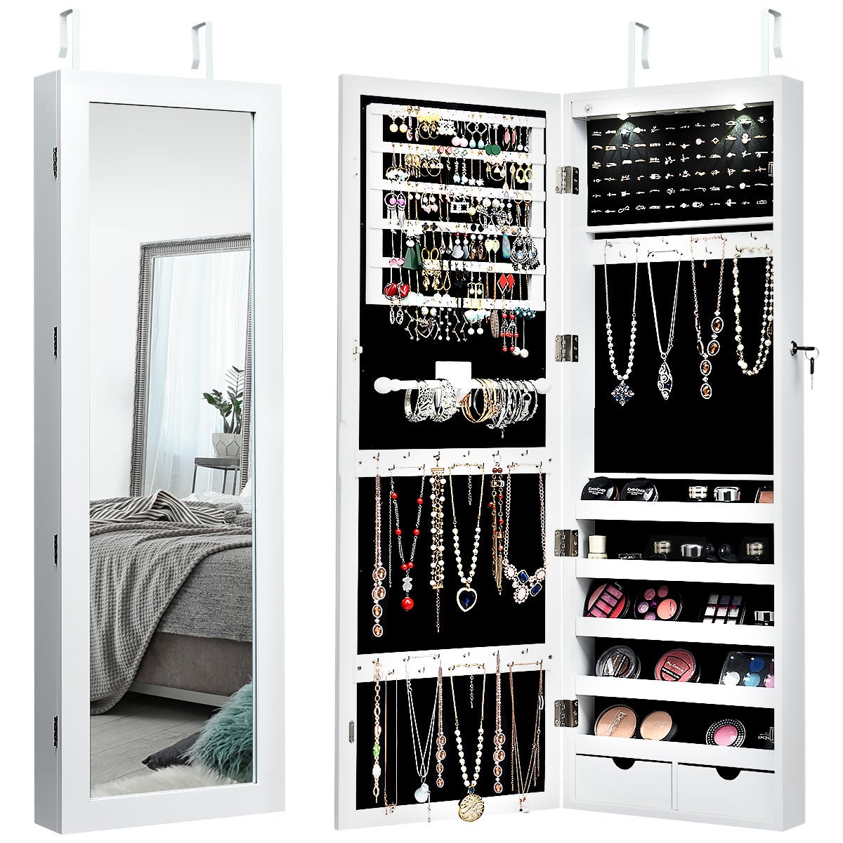 Costway Mirror Jewellery Cabinet Door Wall Mounted Jewelry Armoire Makeup Storage Cosmetics Organizer w/2 Built-In LED Lights