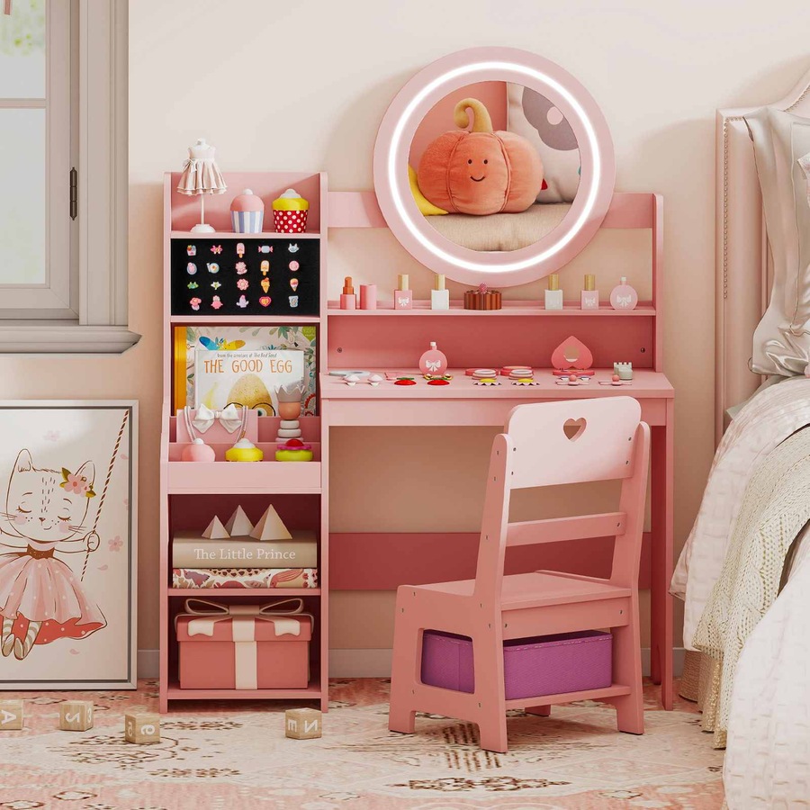 Buy Costway Mirror Vanity Desk Set Lighted Pretend Play Makeup Dressing  Table & Chair Storage Shelf w/Bookshelf Pink - Everyday Rewards Shop