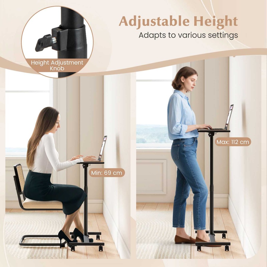 Costway Mobile Standing Desk Height Adjustable Overbed Bedside Table Rolling Laptop Study Desk Grey