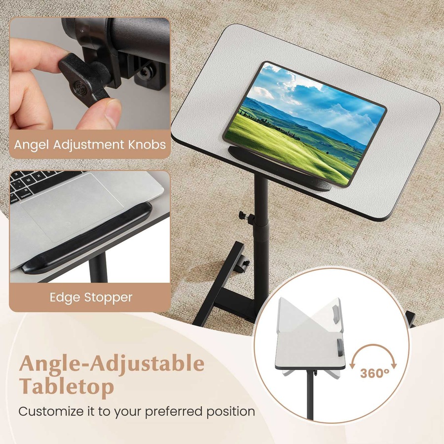 Costway Mobile Standing Desk Height Adjustable Overbed Bedside Table Rolling Laptop Study Desk Grey