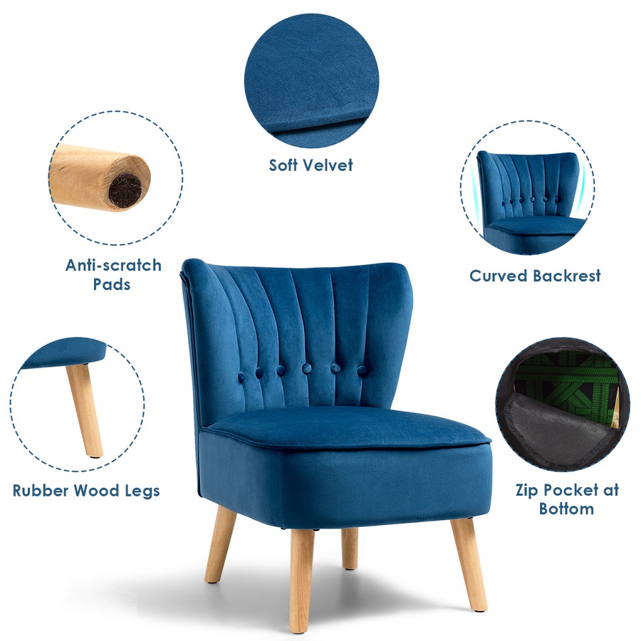 Costway Modern Velvet Accent Chair Leisure Sofa w/Wood Legs Blue