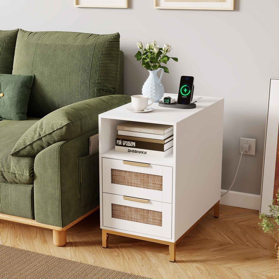 Buy Costway Narrow Bedside Table Boho Side Table w/Charging Station ...