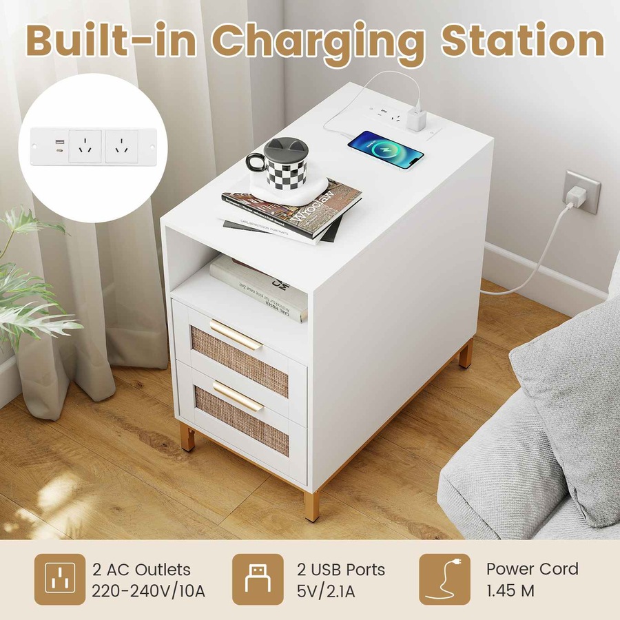 Buy Costway Narrow Bedside Table Boho Side Table w/Charging Station ...