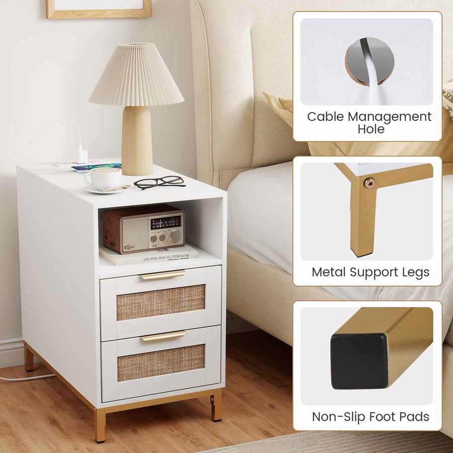 Buy Costway Narrow Bedside Table Boho Side Table w/Charging Station ...