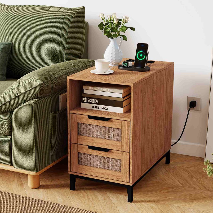 Buy Costway Narrow Bedside Table Boho Side Table w/Charging Station ...