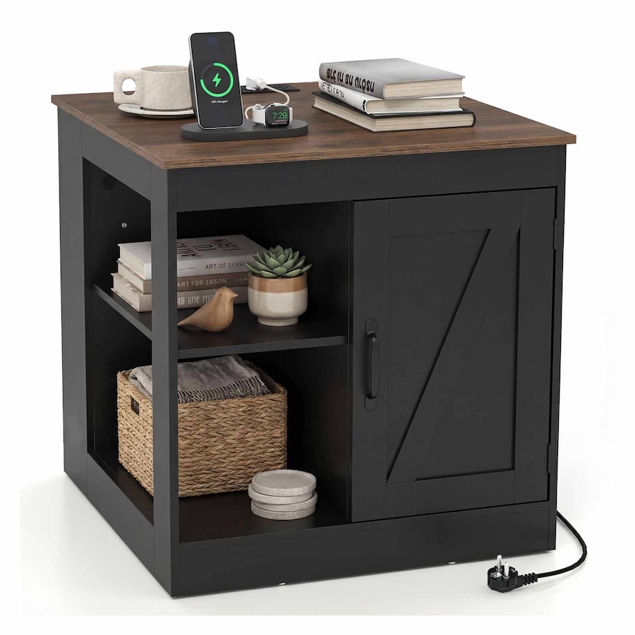 Costway Nightstand Side Table Bedside Table Bed Sofa End w/Power Outlets Living Room Bedroom Black