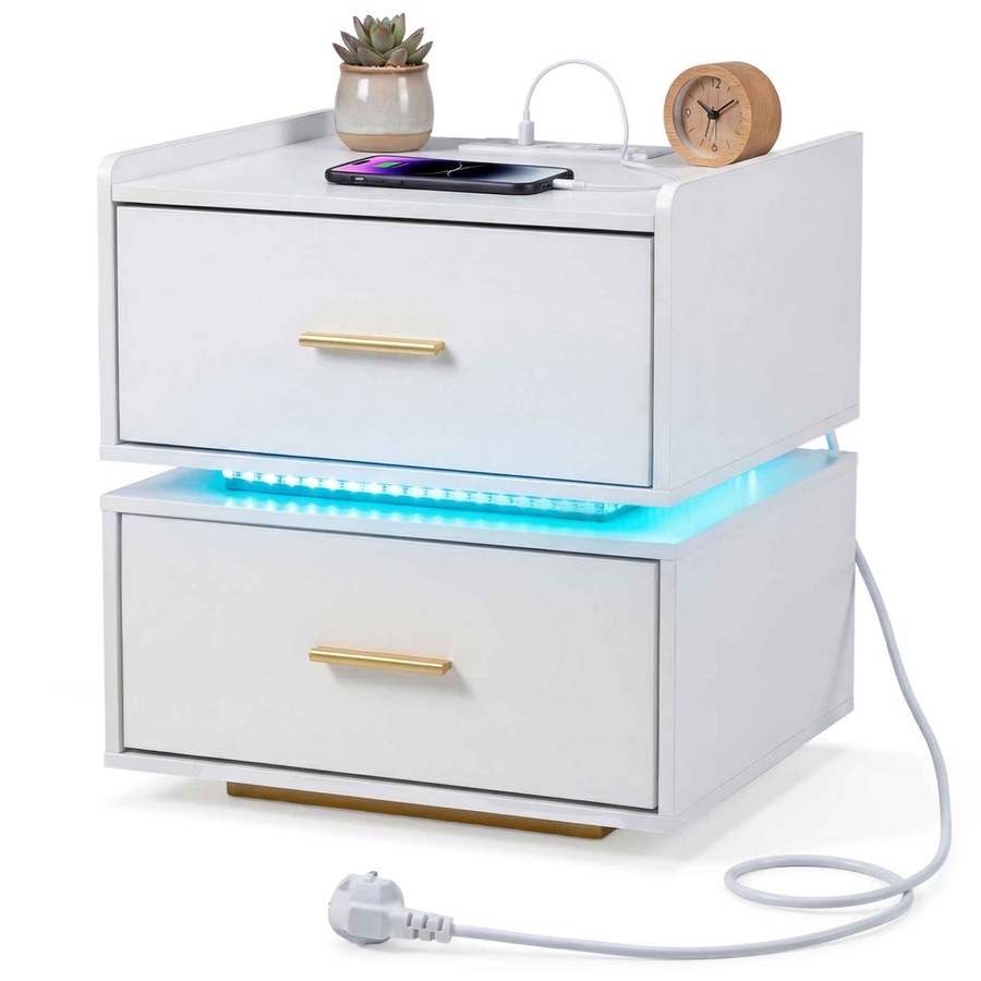Buy Costway Nightstand w/Charging Station LED Bedside Table 2 Storage ...