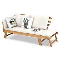 Costway Outdoor Acacia Wood Sun Lounge Sofa Day Bed w/Adjustable Armrest & Cushions Garden Yard, White