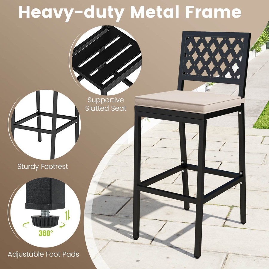 Costway Outdoor Bar Stools Set 69cm Counter Barstools w/Cushions Backrests Footrests Bistro Chairs Poolside Backyard