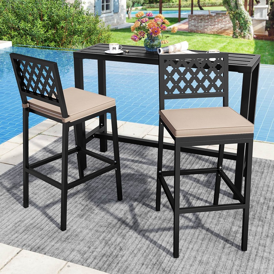 Costway Outdoor Bar Stools Set 69cm Counter Barstools w/Cushions Backrests Footrests Bistro Chairs Poolside Backyard