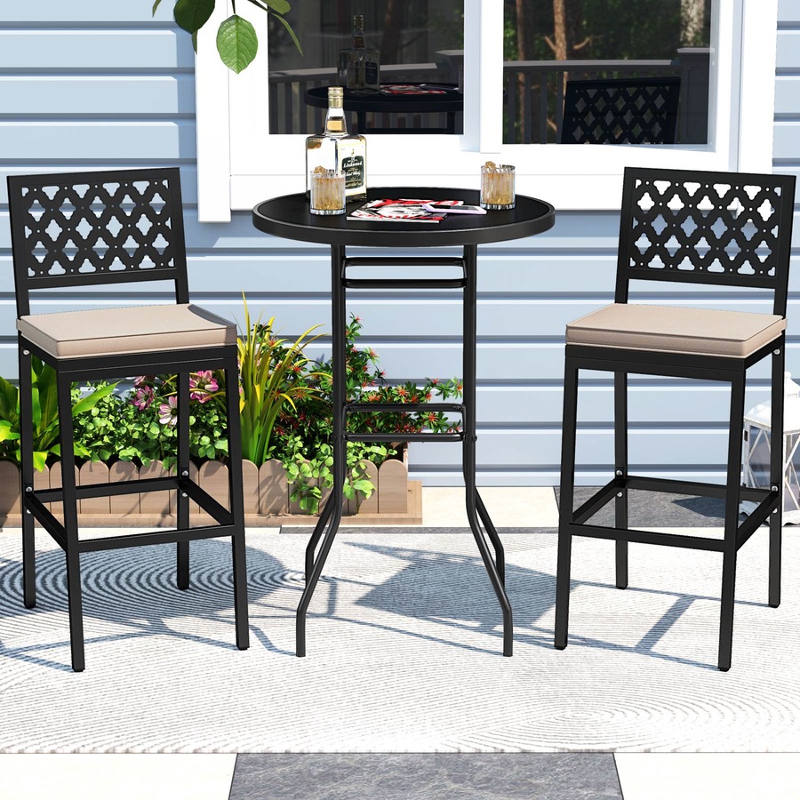 Costway Outdoor Bar Stools Set 69cm Counter Barstools w/Cushions Backrests Footrests Bistro Chairs Poolside Backyard