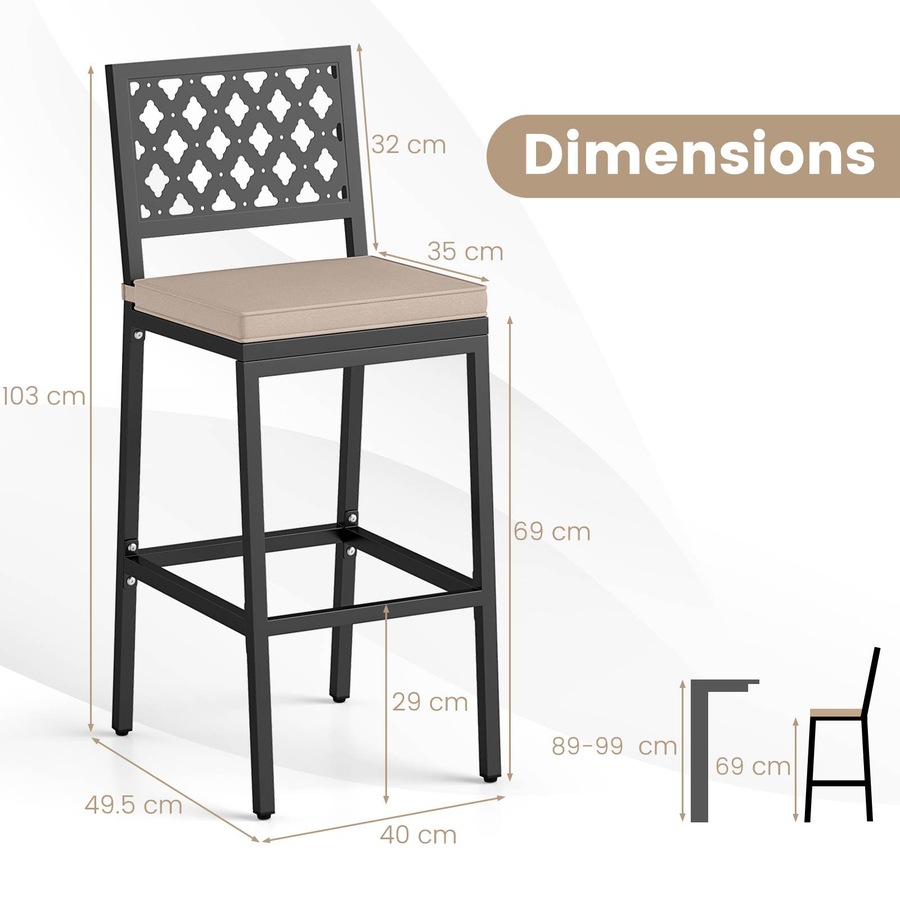 Costway Outdoor Bar Stools Set 69cm Counter Barstools w/Cushions Backrests Footrests Bistro Chairs Poolside Backyard