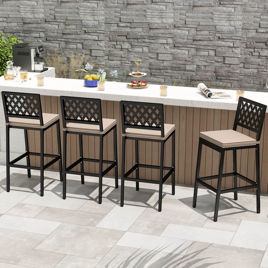 Costway Outdoor Bar Stools Set 69cm Counter Barstools w/Cushions Backrests Footrests Bistro Chairs Poolside Backyard