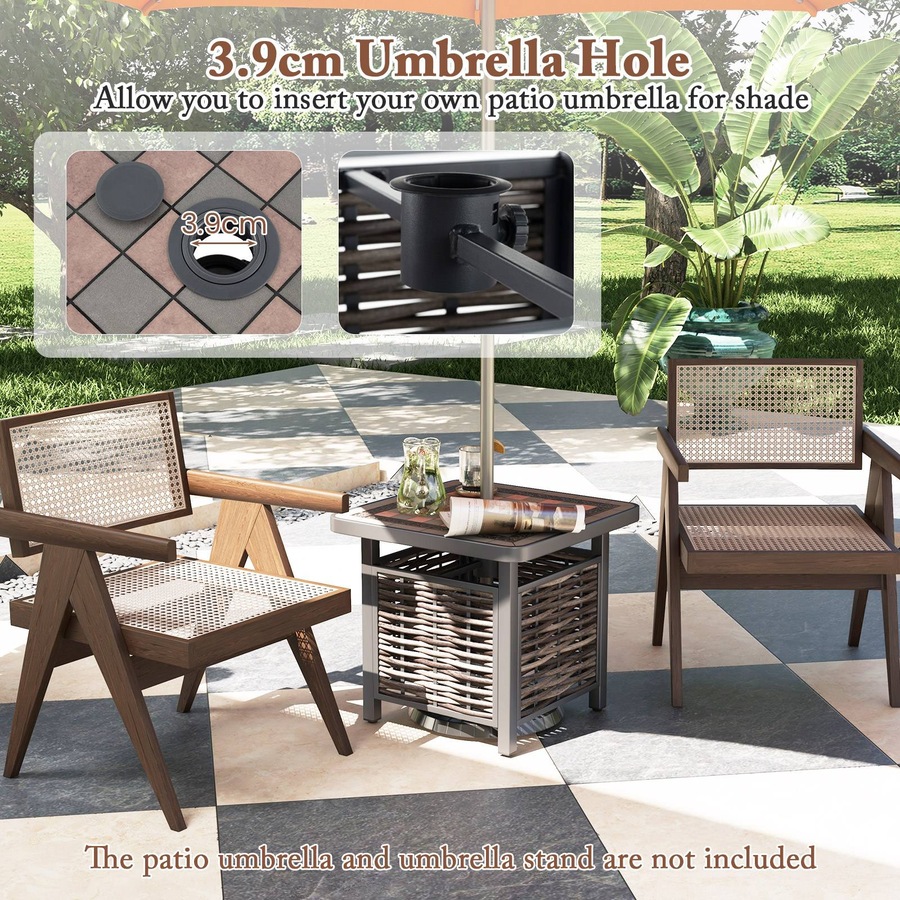 Costway Outdoor Coffee Table Patio Side Table Rattan Square End Table w/Umbrella Hole Garden & Balcony Black