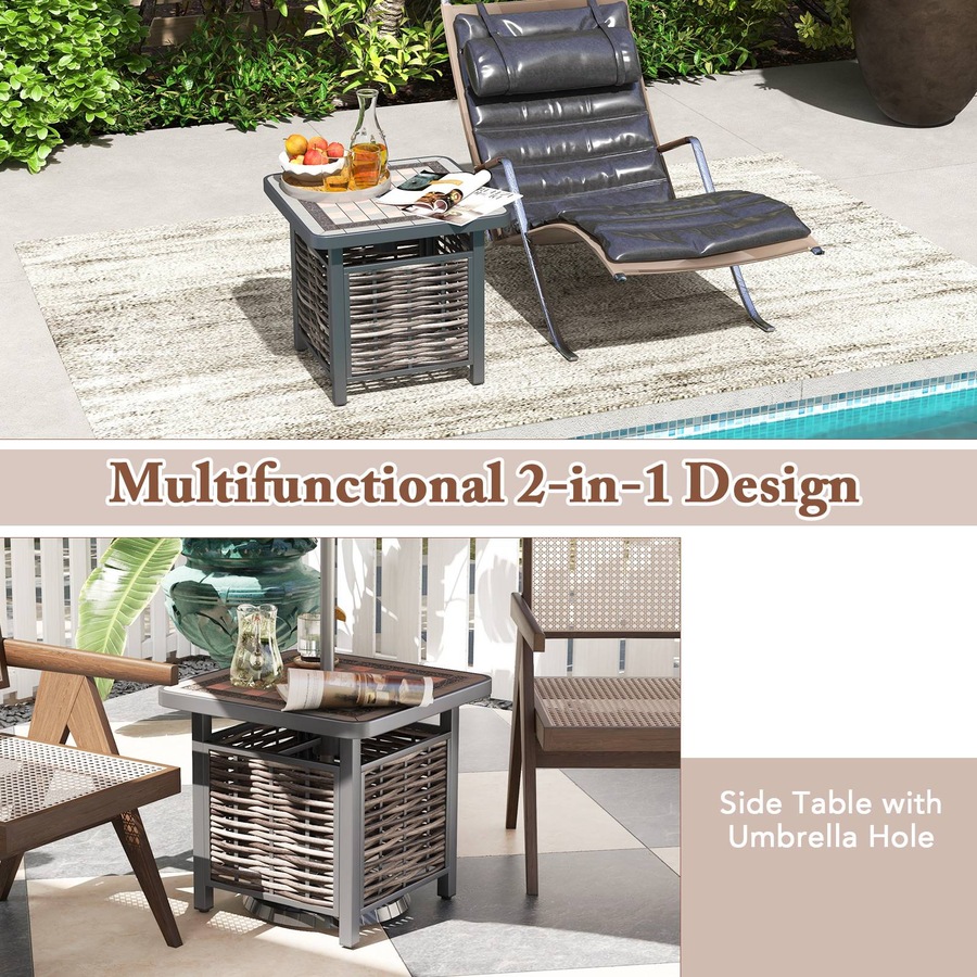 Costway Outdoor Coffee Table Patio Side Table Rattan Square End Table w/Umbrella Hole Garden & Balcony Black