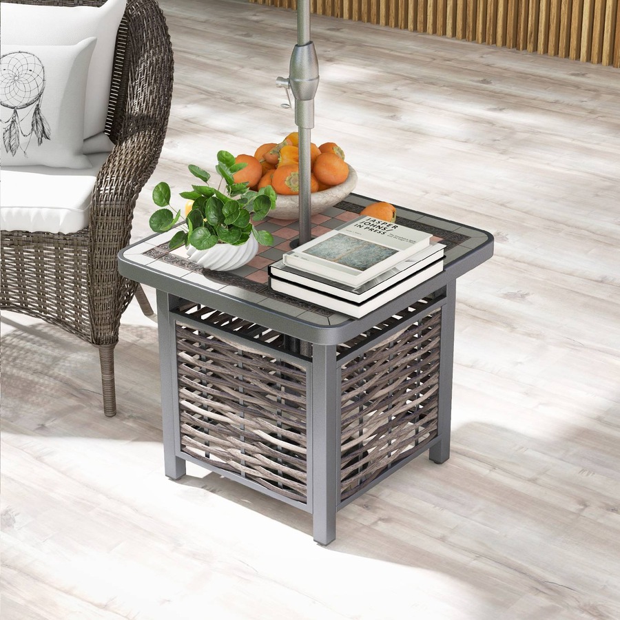 Costway Outdoor Coffee Table Patio Side Table Rattan Square End Table w/Umbrella Hole Garden & Balcony Black