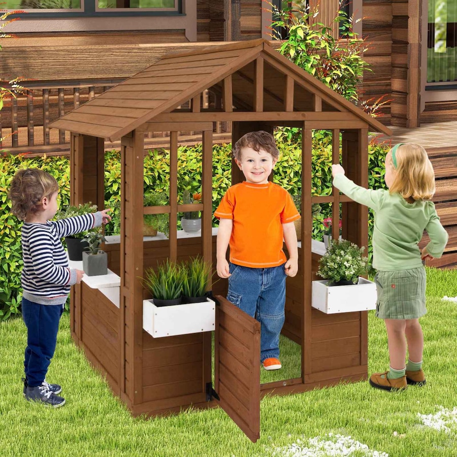 Costway Outdoor Cubby House Wood Playhouse Adventure Cottage Pretend Play Game Activity Center Role Play Toy Gift