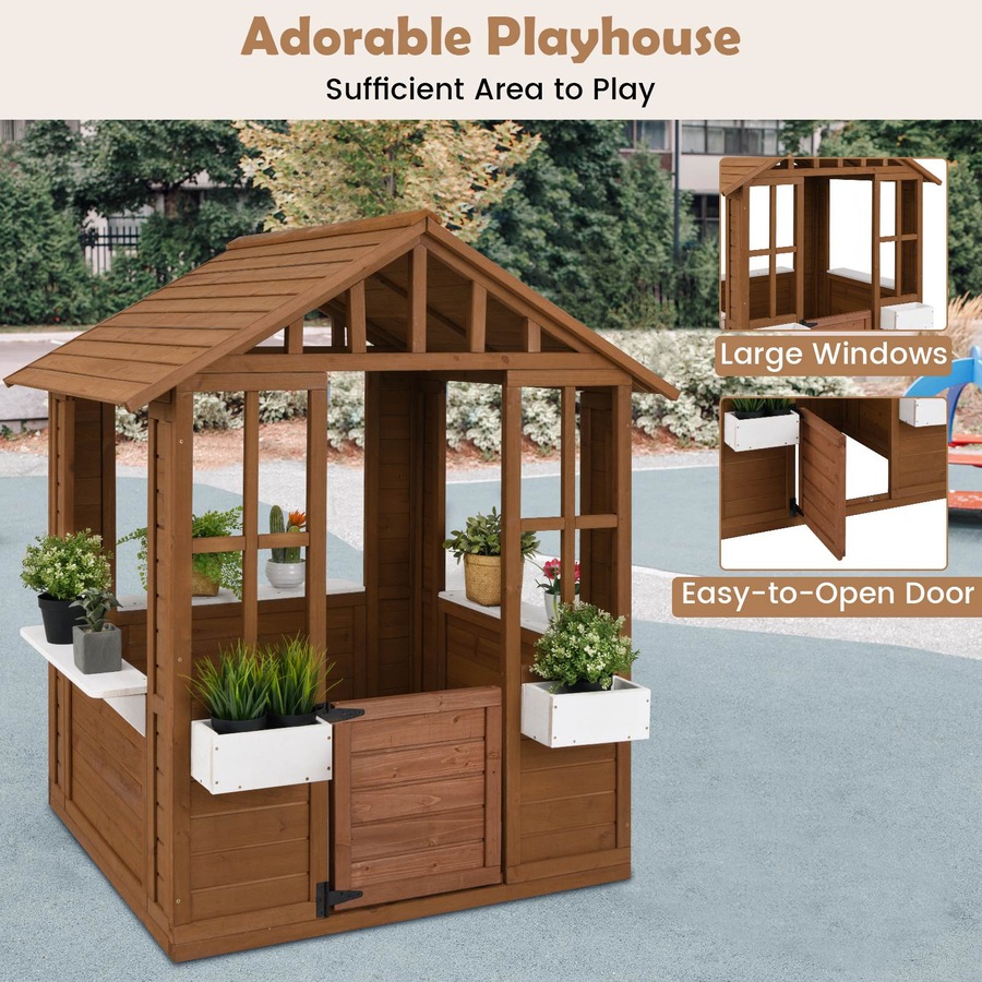 Costway Outdoor Cubby House Wood Playhouse Adventure Cottage Pretend Play Game Activity Center Role Play Toy Gift
