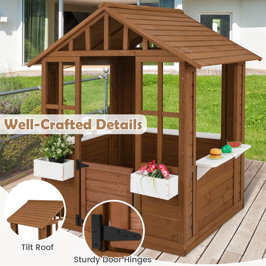 Costway Outdoor Cubby House Wood Playhouse Adventure Cottage Pretend Play Game Activity Center Role Play Toy Gift