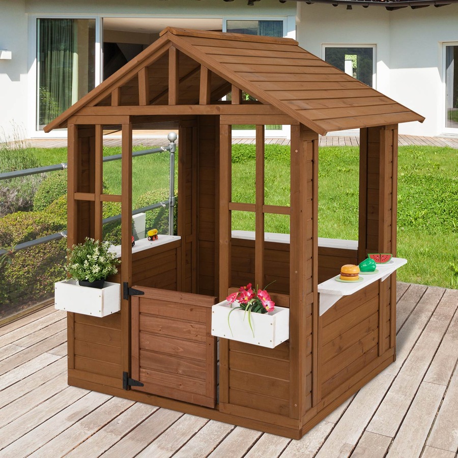 Costway Outdoor Cubby House Wood Playhouse Adventure Cottage Pretend Play Game Activity Center Role Play Toy Gift