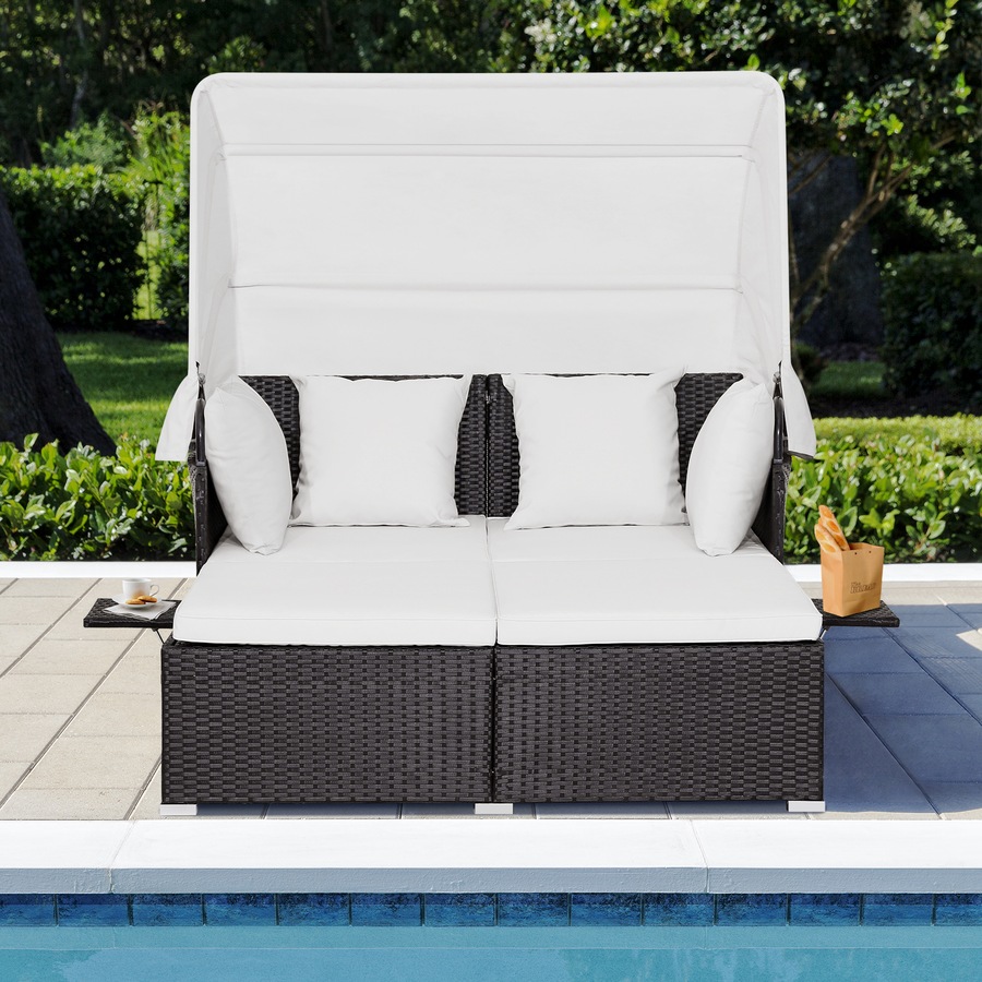 Costway Outdoor Rattan Daybed Sunbed Wicker Furniture Retractable Canopy Patio Sofa Set