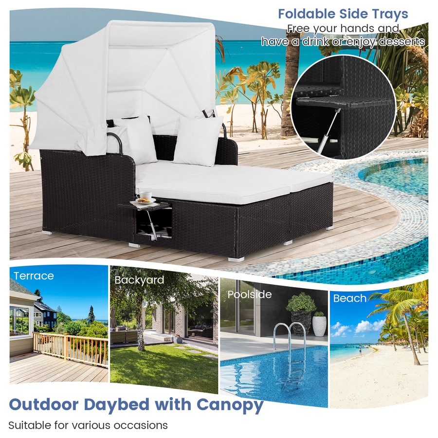 Costway Outdoor Rattan Daybed Sunbed Wicker Furniture Retractable Canopy Patio Sofa Set