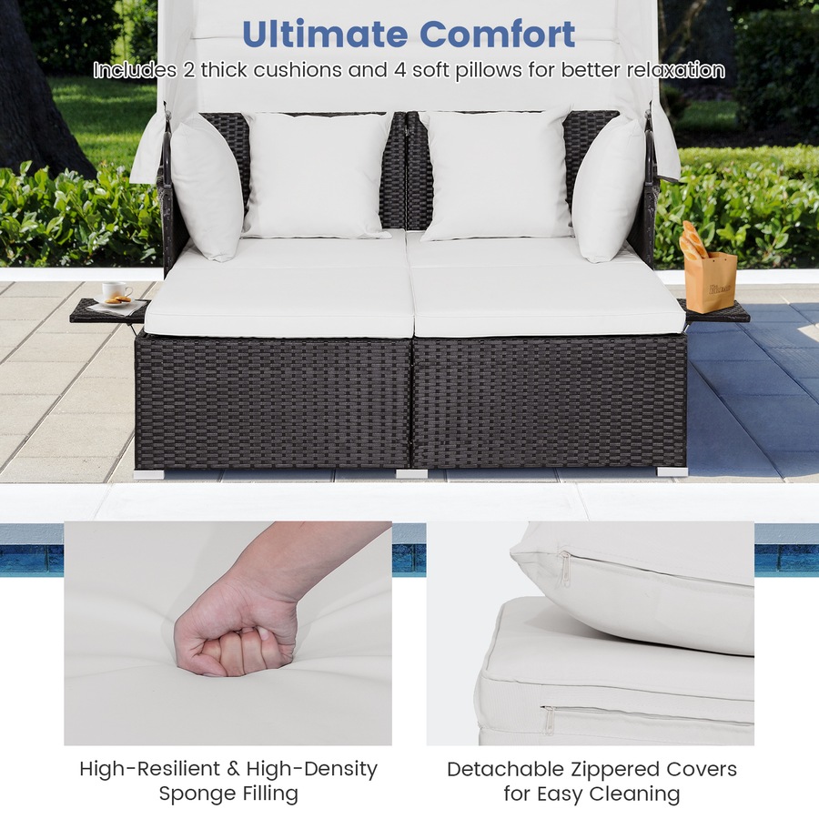 Costway Outdoor Rattan Daybed Sunbed Wicker Furniture Retractable Canopy Patio Sofa Set